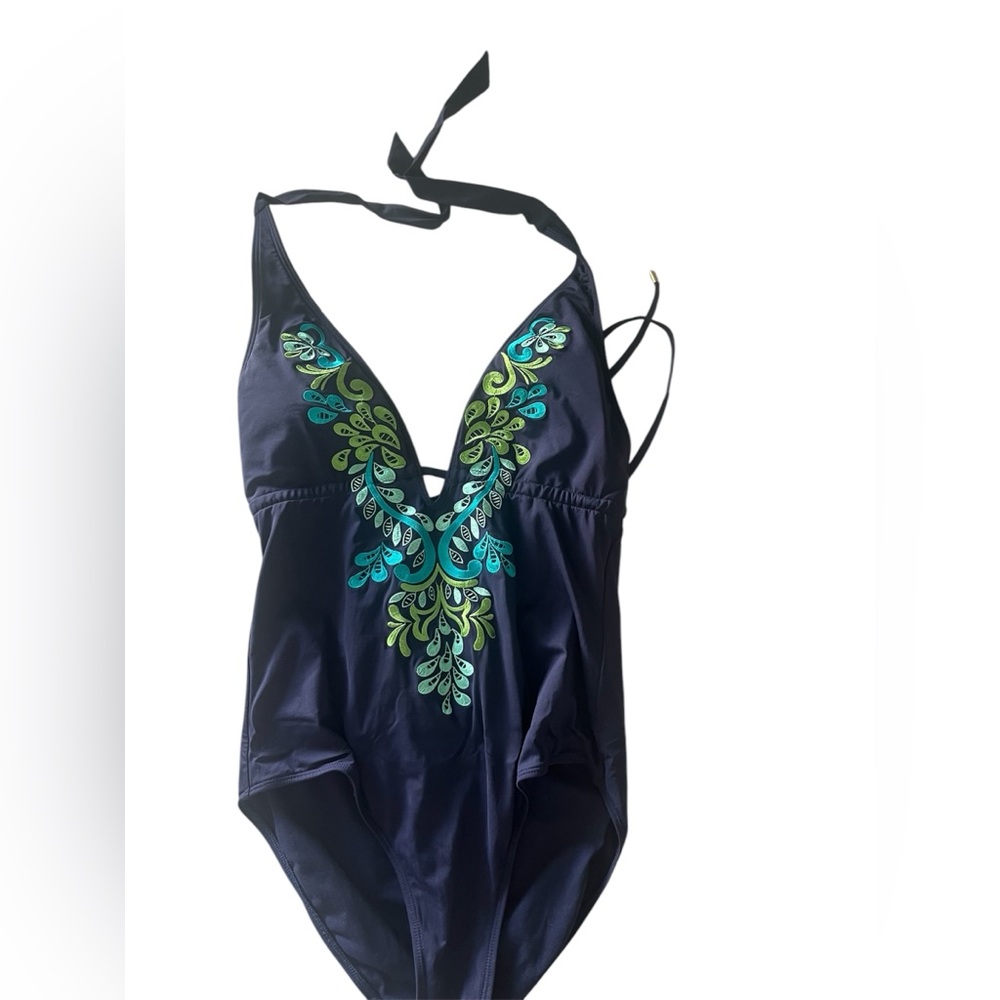Laundry by Shelli Segal Embroidered Open Back One Piece Swimsuit size la…